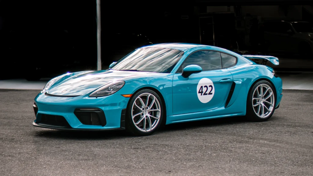 Full color change paint protection film wrap in STEK dyno Miami blue.